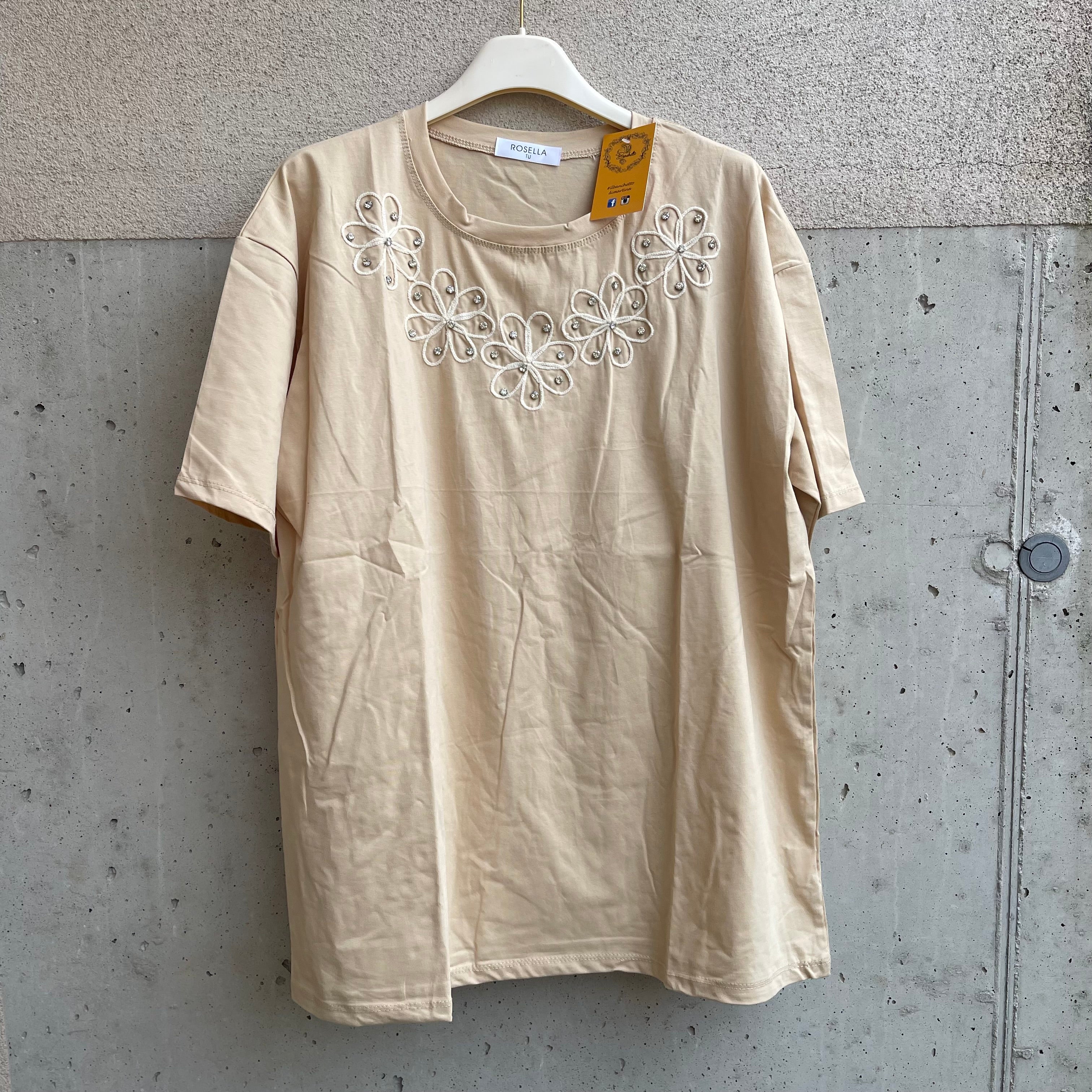 t-shirt over girocollo fiori ricamati e strass
