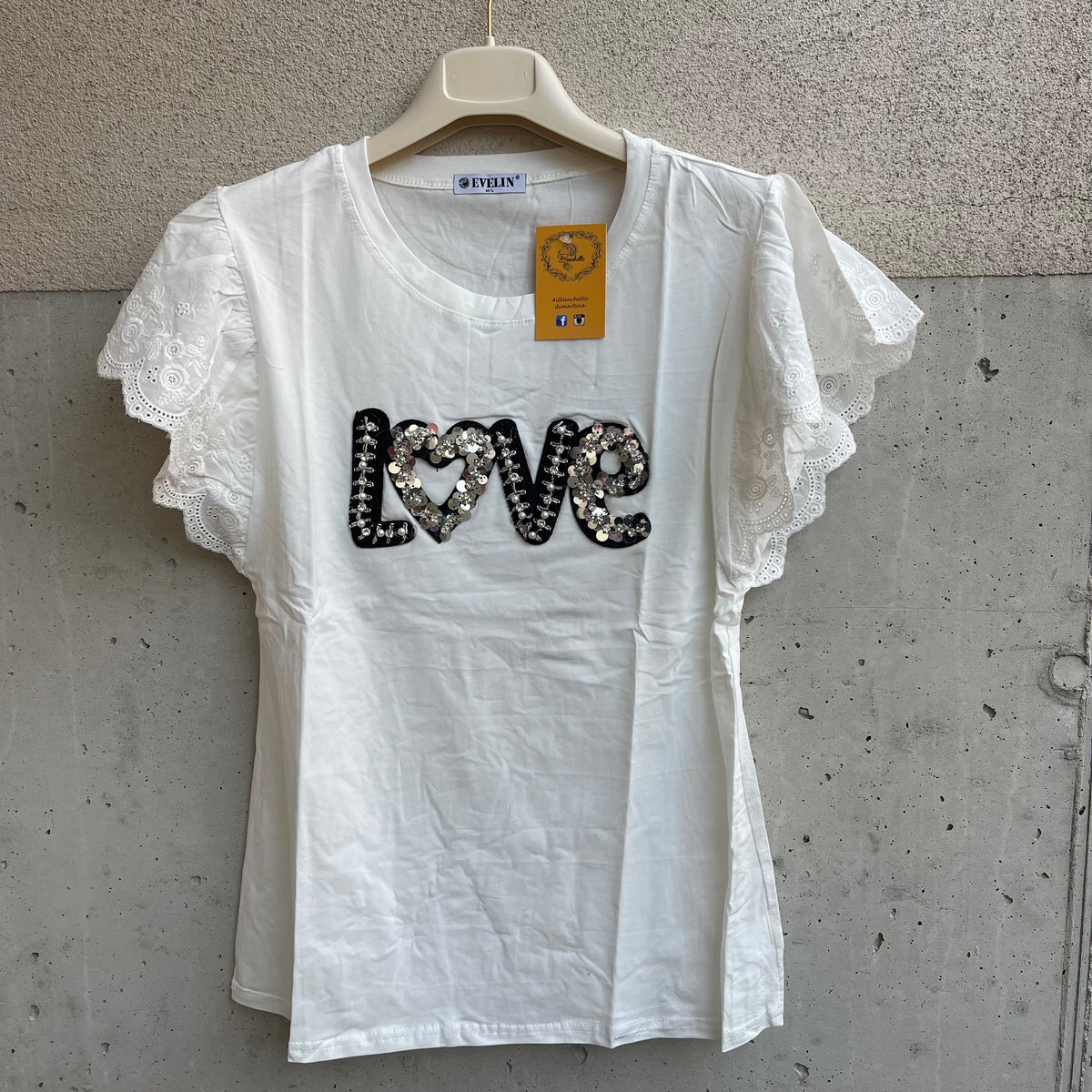 maglia LOVE sangallo perle paillettes