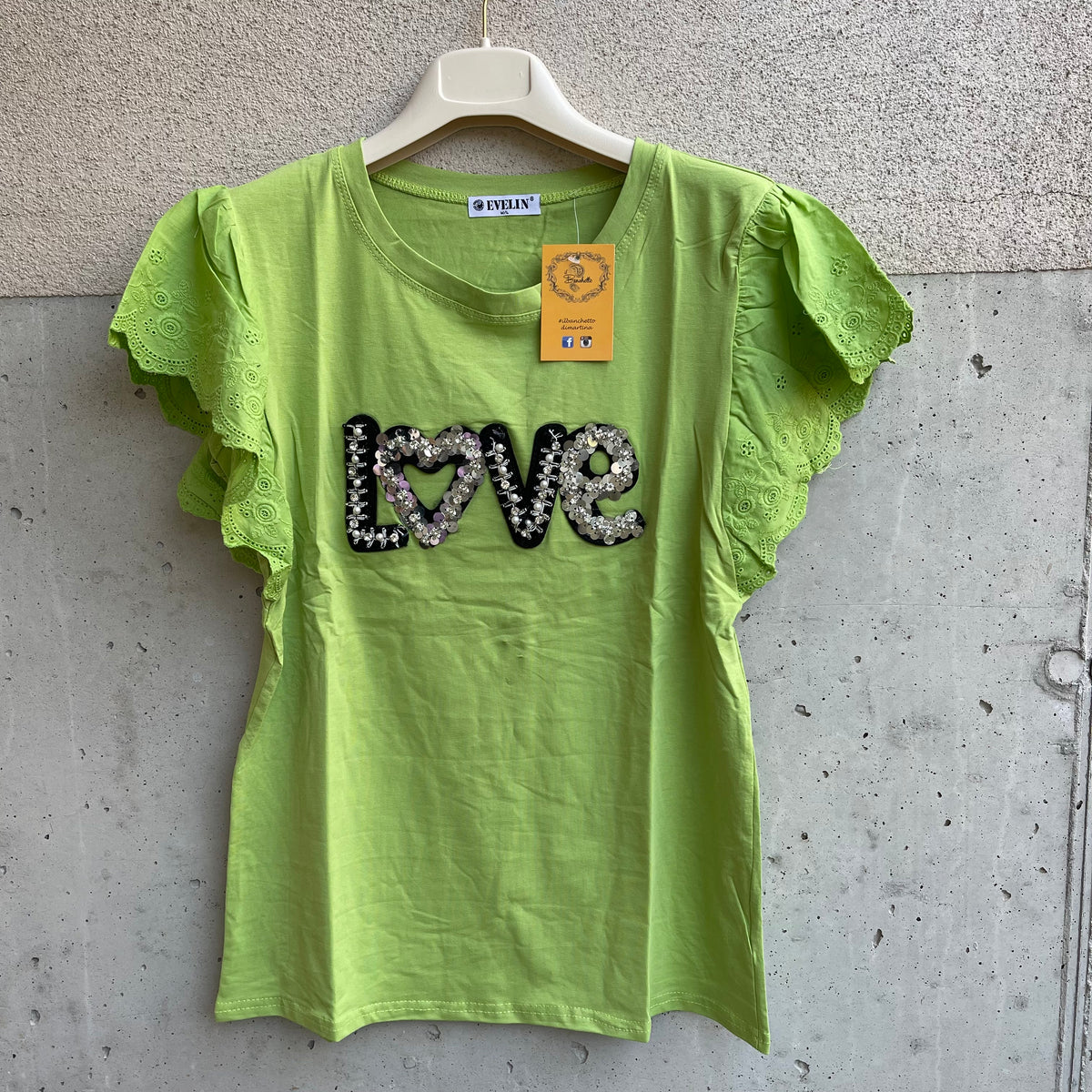 maglia LOVE sangallo perle paillettes
